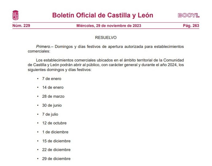 Captura del Bocyl con los domingos y festivos de apertura comercial en 2024