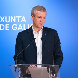 El presidente de la Xunta, Alfonso Rueda, este miércoles en Poio (Pontevedra)
