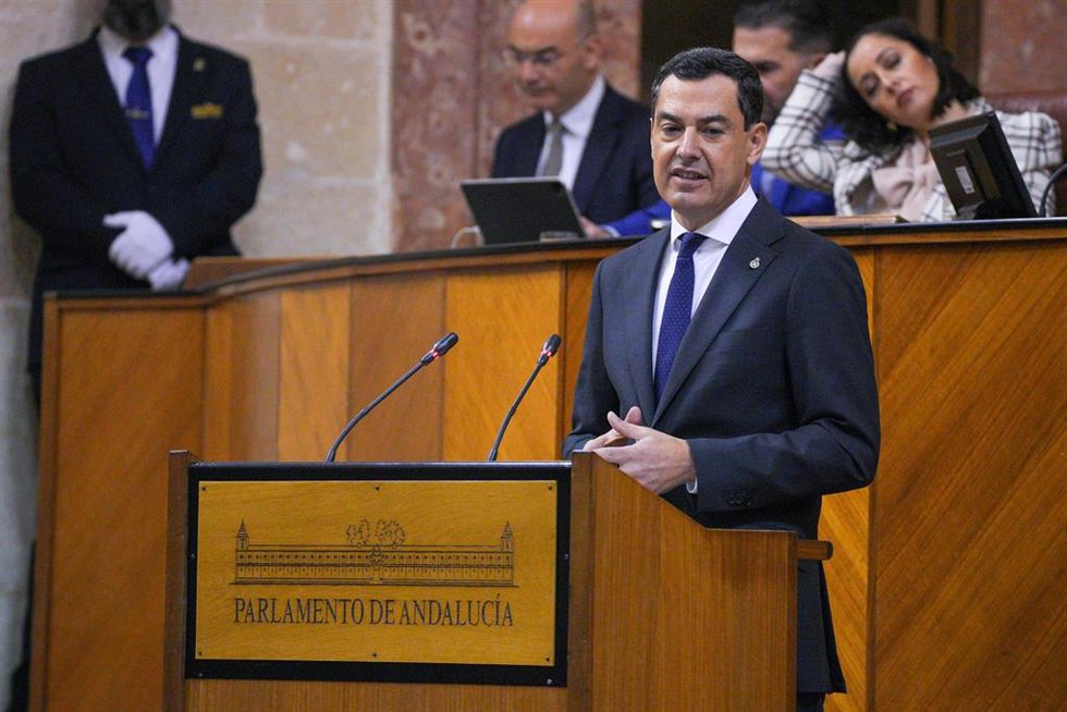 El presidente de la Junta de Andalucía, Juanma Moreno, este miércoles en su intervención de apertura del Debate sobre el estado de la Comunidad.