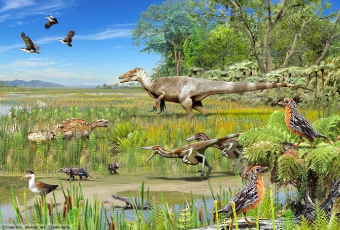 Archivo - Interpretación artística de la Patagonia durante el Cretácico Superior, hace entre 66 y 78 millones de años. Los animales representados incluyen dinosaurios no avianos, aves y otros vertebrados que se han descubierto en el registro fósil de la