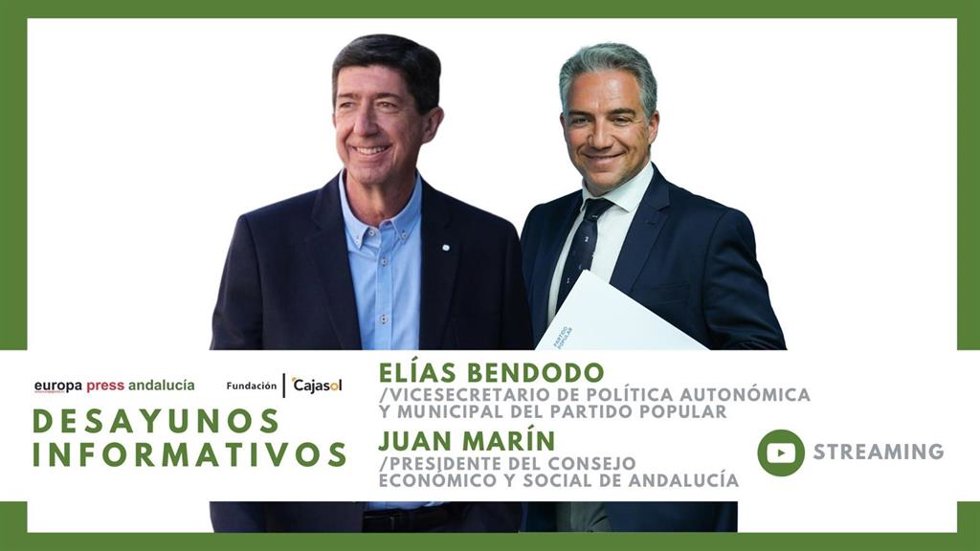 Cartel anunciador del desayuno informativo de Europa Press con el vicesecretario de Política Autonómica y Local del PP, Elías Bendodo, y el presidente del Consejo Económico y Social de Andalucía, Juan Marín, en Sevilla el próximo 1 de diciembre