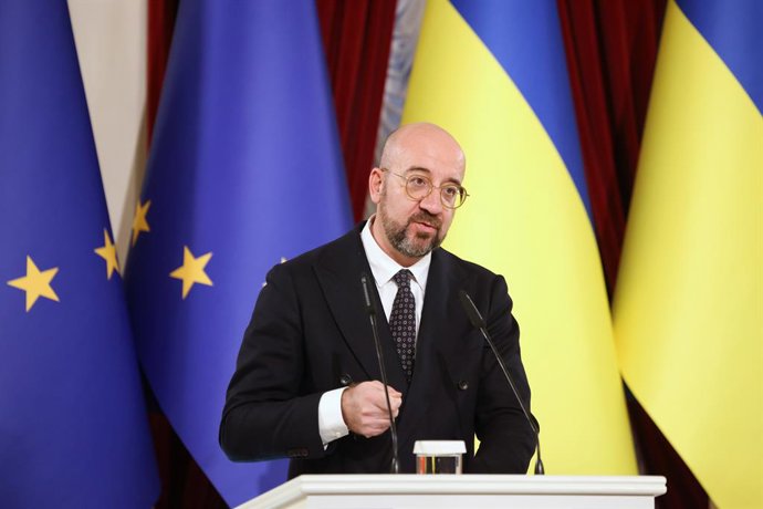 HANDOUT - 21 November 2023, Ukraine, Kiev: European Council President Charles Michel speaks during a press conferece with Moldovan President Maia Sandu and Ukrainian President Volodymyr Zelensky after their meeting. Photo: Dario Pignatelli/European Coun