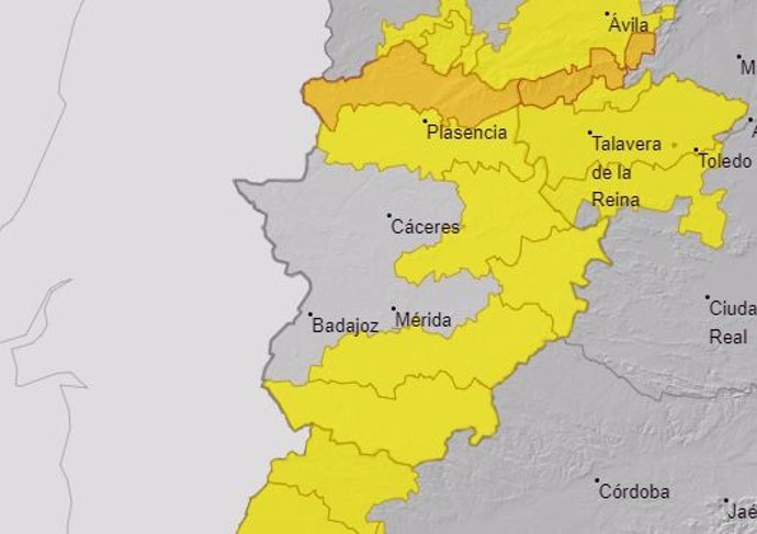 Zonas con avisos en Extremadura