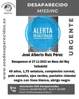 Cartel de alerta desactivada del vecino desaparecido este lunes en Valladolid