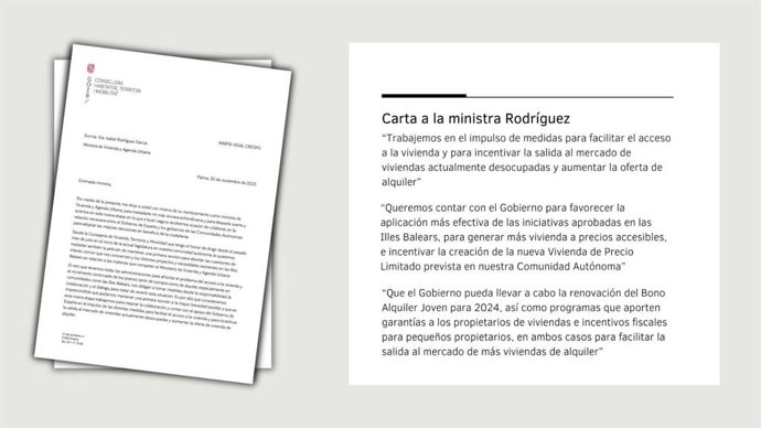 Extracto de la carta enviada por la consellera, Marta Vidal, a la ministra de Vivienta y Agenda Urbana, Isabel Rodríguez.