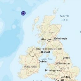 Localización del pesquero vigués Lodairo el 29 de noviembre de 2023, cuando alertó de un accidente a bordo con dos heridos, que fueron evacuados a un hospital de Glasgow (Escocia).