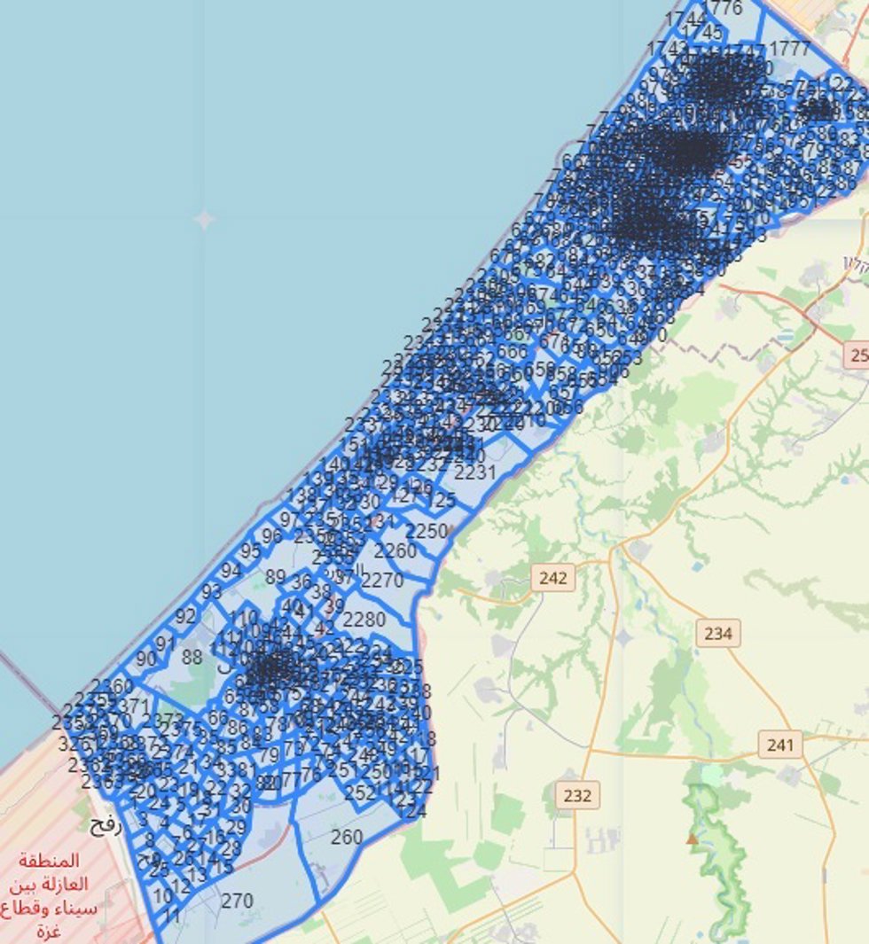 Mapa publicado por el Ejército de Israel con la división de la Franja de Gaza en cientos de sectores para sus órdenes de "evacuación" en el marco de su ofensiva