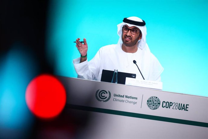 30 November 2023, United Arab Emirates, Dubai: COP28 president Sultan Ahmed Al Jaber speaks during a press conference at the 28th Conference of the Parties to the United Nations Framework Convention on Climate Change. Photo: Beata Zawrzel/ZUMA Press Wir