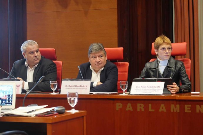 El director de Catalunya Rdio Jordi Borda, el de TV3 Sigfrid Gras y la presidenta de la CCMA Rosa Rom, en la comisión de control de la CCMA en el Parlament