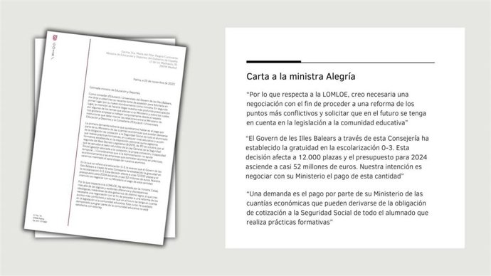 Carta del conseller de Educación y Universidades, Antoni Vera, al Ministerio de Educación.