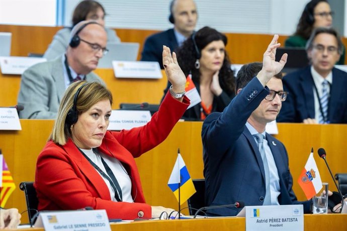 La presidenta del Parlamento de Canarias, Astrid Pérez, en la asamblea plenaria de la CALRE