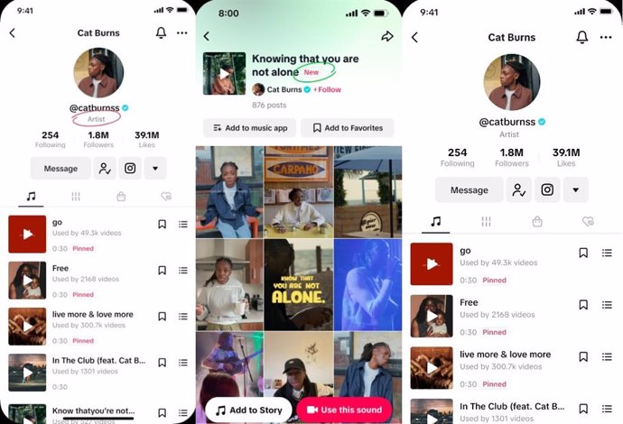 Interfaz de las nuevas cuentas TikTok Artists