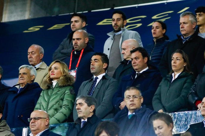 Pedro Rocha, Pilar Alegria and Victor Francos are seen during the Women's Nations League, Group D, football match played between Spain and Italy at Pasaron Municipal stadium on December 01, 2023, in Pontevedra, Spain.
