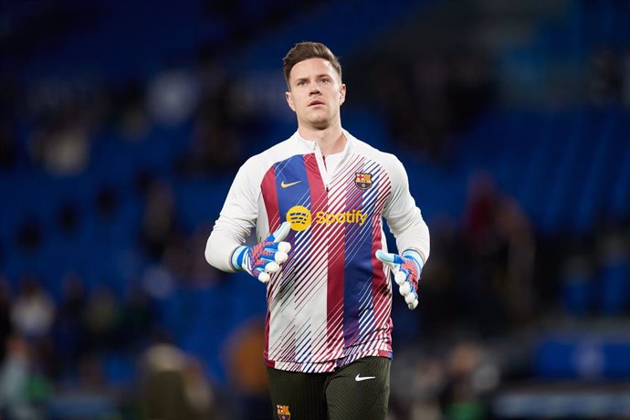 Marc Andre ter Stegen of FC Barcelona looks on prior the LaLiga EA Sports match between Real Sociedad and FC Barcelona at Reale Arena on November 4, 2023, in San Sebastian, Spain.