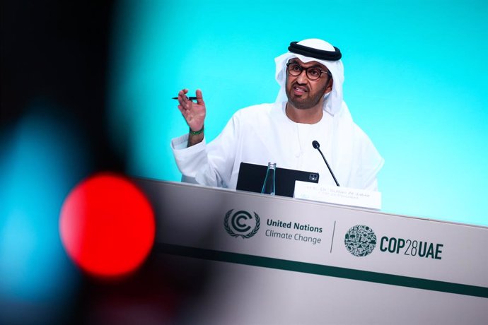 November 30, 2023, Dubai, United Arab Emirates: COP28 president SULTAN AHMED AL JABER speaks during a press conference at the 28th Conference of the Parties to the United Nations Framework Convention on Climate Change, which takes place on 30 November unt