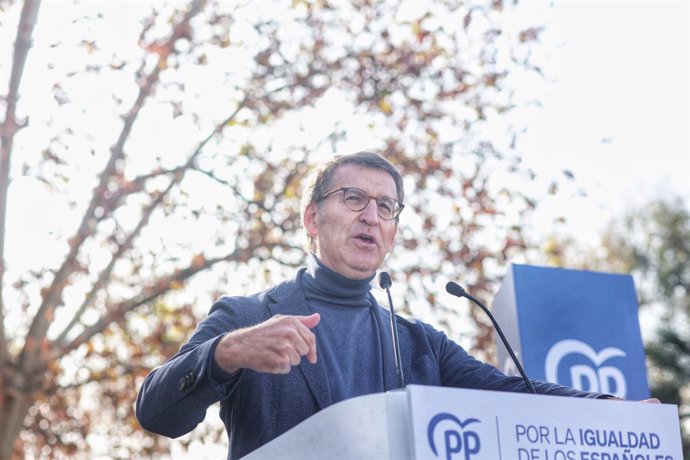 El presidente del Partido Popular, Alberto Núñez Feijóo, interviene durante un acto del PP contra la amnistía, en el Templo de Debod, a 3 de diciembre de 2023, en Madrid (España). El Partido Popular ha convocado este acto para protestar por la Ley de Am