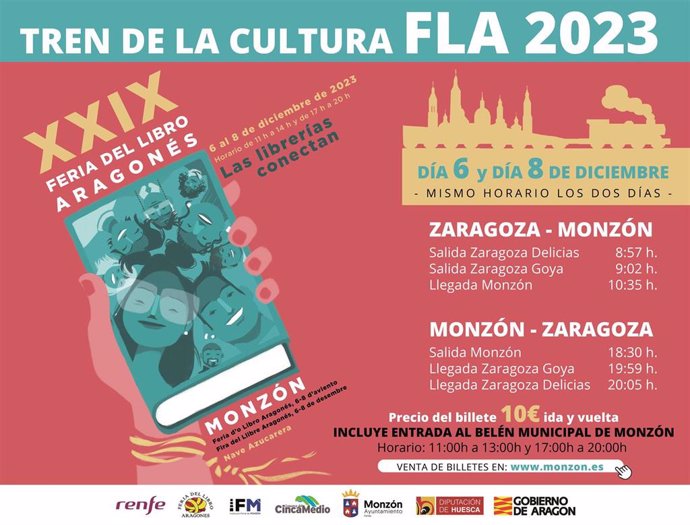 Renfe y Monzón (Huesca) ponen de nuevo en marcha el 'Tren de la Cultura' para visitar la Feria del Libro Aragonés.