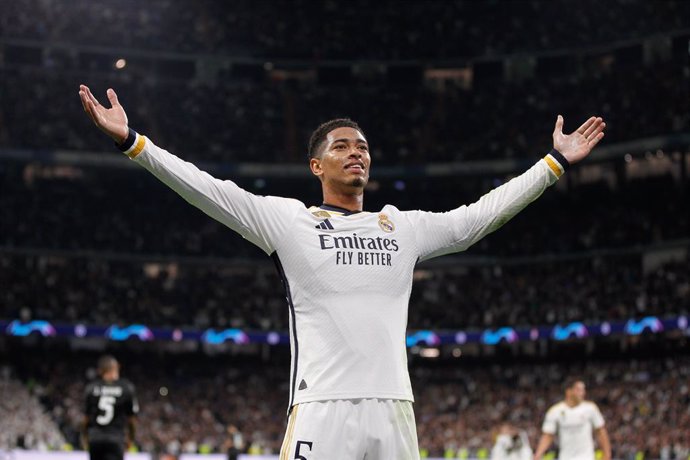 Jude Bellingham of Real Madrid celebrates a goal during the UEFA Champions League, Group C, football match played between Real Madrid and SSC Napoli at Santiago Bernabeu stadium on November 29, 2023, in Madrid, Spain.
