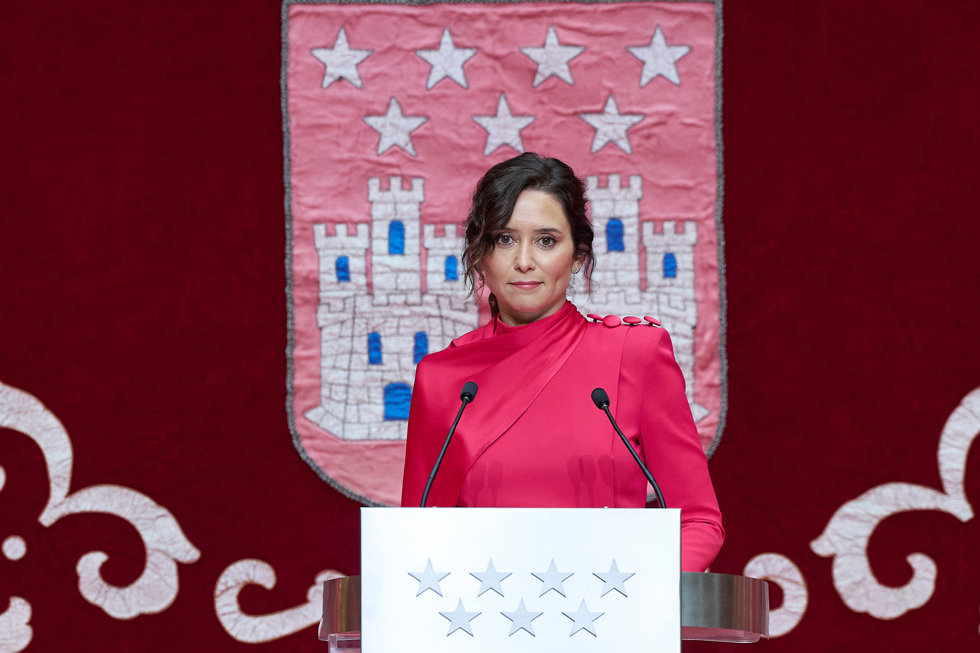 La presidenta de la Comunidad de Madrid, Isabel Díaz Ayuso, interviene en los actos conmemorativos del 45 aniversario de la Constitución Española, en la Real Casa de Correos, a 4 de diciembre de 2023