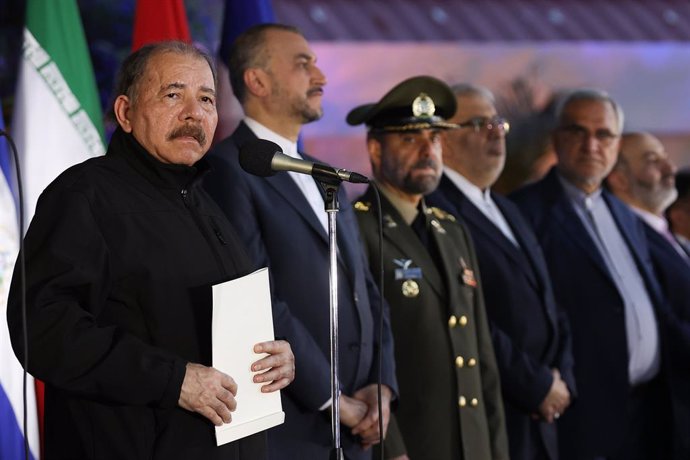 Archivo - HANDOUT - 14 June 2023, Nicaragua, Managua: Nicaraguan President Daniel Ortega speaks during a reception ceremony for Iranian President Ebrahim Raisi, at the Olof Palme Convention Centre in Managua. Raisi has stopped in Nicaragua on Wednesday on