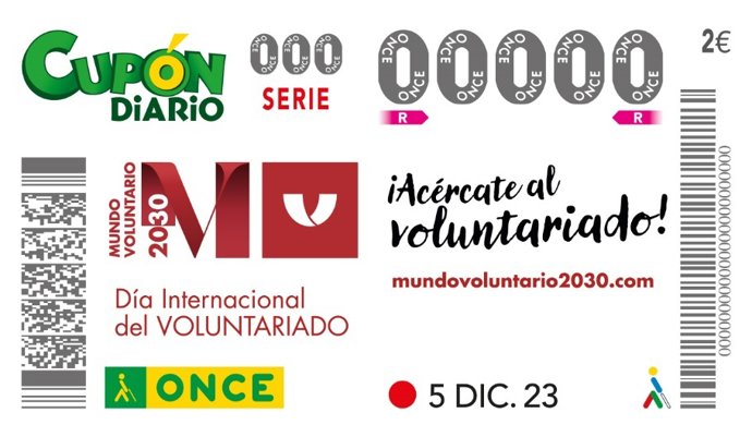Cupón de la ONCE de este martes, 5 de diciembre, por el Día Internacional del Voluntariado.