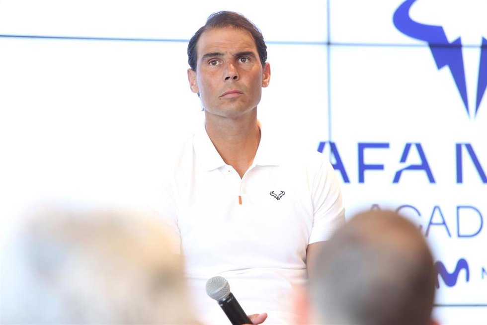 Archivo - El tenista Rafael Nadal durante una rueda de prensa en la Rafa Nadal Academy by Movistar, a 18 de mayo de 2023, en Manacor, Mallorca, Baleares (España). 