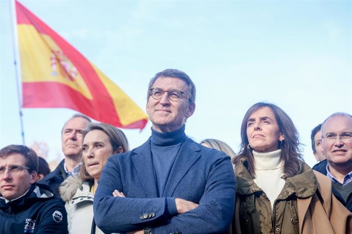 El presidente del Partido Popular, Alberto Núñez Feijóo, durante un acto del PP contra la amnistía, a 3 de diciembre de 2023, en Madrid (España).