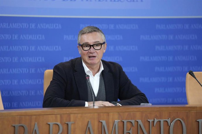 El portavoz de Vox en el Parlamento de Andalucía, Manuel Gavira, este martes en rueda de prensa.