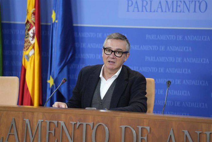 El portavoz de Vox en el Parlamento de Andalucía, Manuel Gavira, este martes en rueda de prensa.