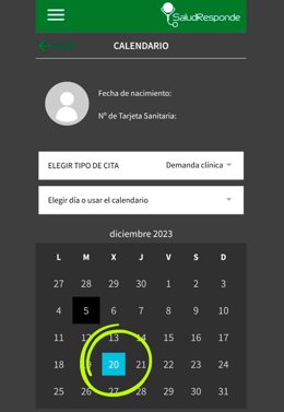 Captura de pantalla de la aplicación Salud Responde con una cita el 20 de diciembre.