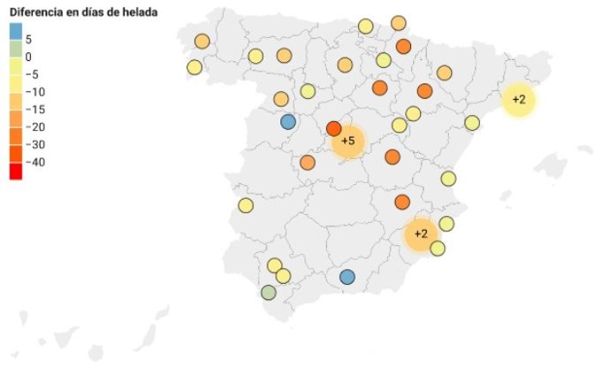 Mapa que muestra la disminución de heladas por provincias en España desde los años 60 (1961-1970 vs 2013-2022).