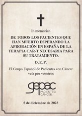Foto: Pacientes con Cáncer envían a García una esquela por los pacientes muertos esperando el acceso a las terapias CAR-T