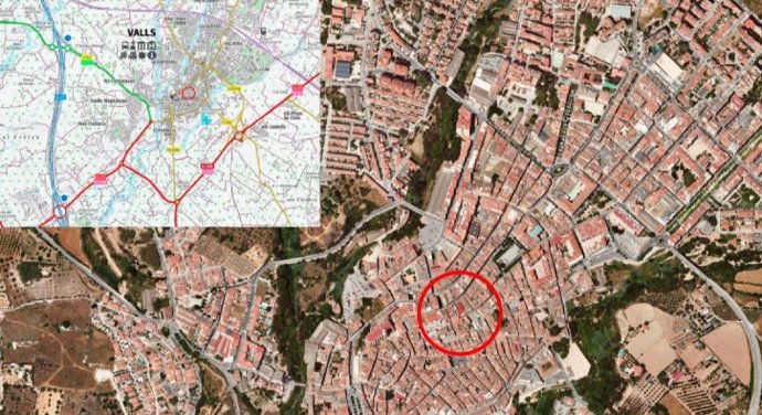 Plano que señala la ubicación de Ca Padró, en Valls (Tarragona)