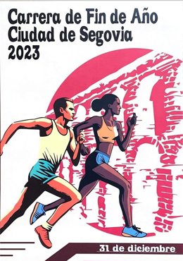 Un acueducto en una gran bola roja contemplando el paso de dos corredoras, cartel de la Carrera Fin de Año de Segovia.