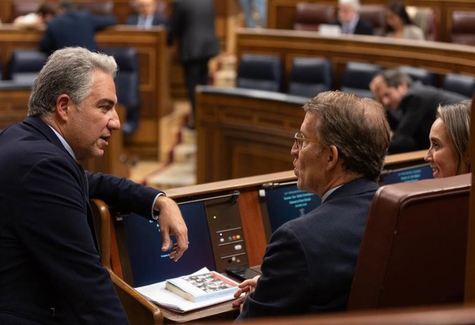 (I-D) El vicesecretario de Política Autonómica y Municipal y Análisis Electoral del PP, Elías Bendodo; el presidente del Partido Popular, Alberto Núñez Feijóo, y la secretaria general del PP, Cuca Gamarra, conversan a su llegada a una sesión plenaria, e