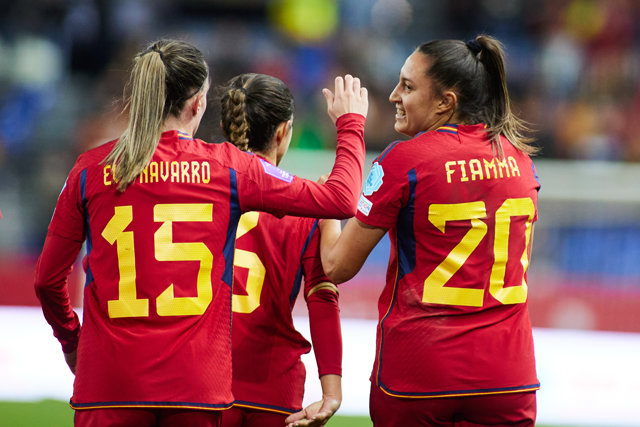Fiamma of Spain celebrates a goal during the UEFA Womens Nations League match played between Spain and Sweden at La Rosaleda stadium on December 5, 2023, in Malaga, Spain.