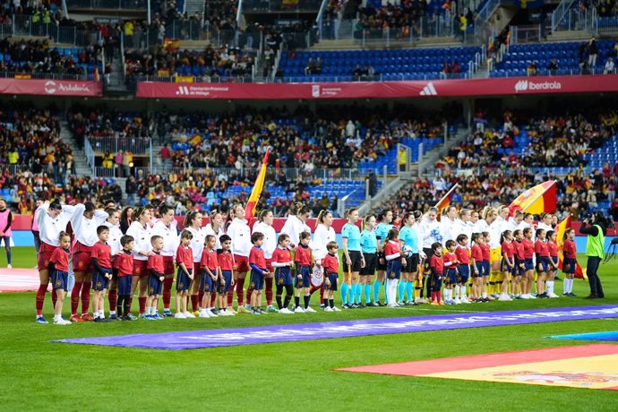 Formation of teams during the UEFA Womens Nations League match played between Spain and Sweden at La Rosaleda stadium on December 5, 2023, in Malaga, Spain.