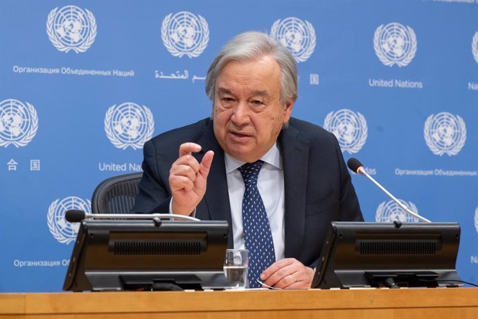 UNITED NATIONS, Nov. 20, 2023  -- UN Secretary-General Antonio Guterres speaks at the launch of the Emissions Gap Report 2023 of the UN Environment Programme, at the UN headquarters in New York, on Nov. 20, 2023. Guterres on Monday called for "record ac