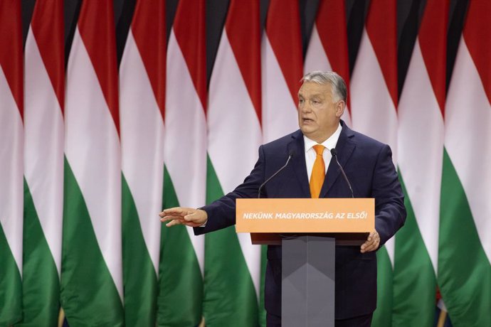 BUDAPEST, Nov. 19, 2023  -- Hungarian Prime Minister Viktor Orban speaks during a congress of Fidesz party in Budapest, Hungary, on Nov. 18, 2023. Hungarian Prime Minister Viktor Orban was re-elected as the president of Hungary's ruling Fidesz party her