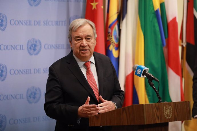 UNITED NATIONS, Nov. 27, 2023  -- UN Secretary-General Antonio Guterres speaks to the press outside the Security Council Chamber at the UN headquarters in New York, on Nov. 27, 2023. Guterres emphasized on Monday that world leaders attending the COP28 cli