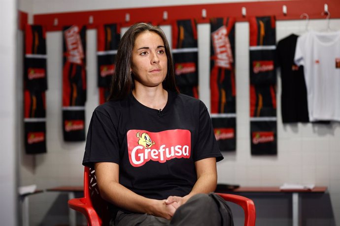 Rocio Galvez attends an interview for Europa Press during an event with Grefusa against bad behavior on social networks and football fields celebrated at CD Nuevo Boadilla on November 30, 2023, in Boadilla del Monte, Madrid, Spain.