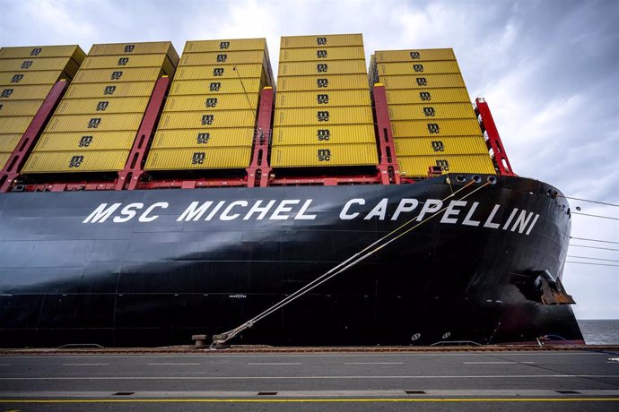 Archivo - 17 July 2023, Bremen, Bremerhaven: The mega freighter "MSC Michel Cappellini", built in China, is seen in port at Bremerhaven during the ship's christening. The container ship is part of the latest generation of vessels built by the Mediterranea
