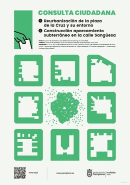 Cartel informativo de la consulta sobre el aparcamiento de la calle Sangüesa y la reurbanización de la Plaza de la Cruz.