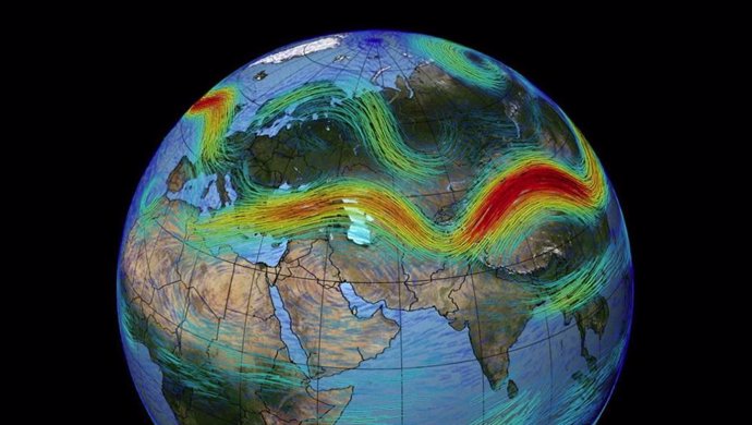 Las corrientes en chorro circulan por todo el mundo. Un nuevo estudio encuentra que los vientos rápidos de las corrientes en chorro (los que aparecen en rojo oscuro) se volverán aún más rápidos con el tiempo a medida que se acelere el cambio climático