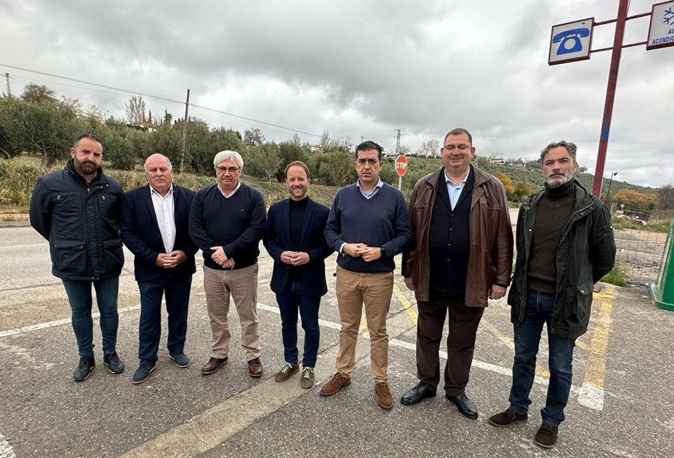 Domínguez (c), junto a responsables del PP y Jaén Merece Más en Baeza.