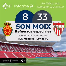 La EMT Palma refuerza sus servicios para el RCD Mallorca-Sevilla FC