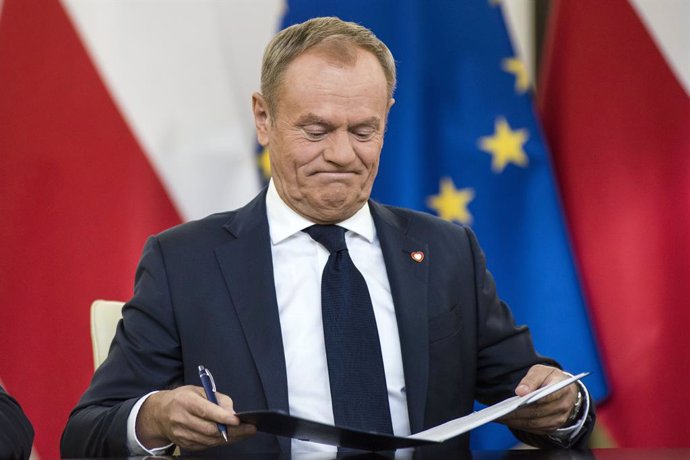 10 November 2023, Poland, Warsaw: Donald Tusk, leader of the Civic Platform and former Prime Minister, reacts during a press conference in the Parliament. Almost four weeks after parliamentary elections in Poland, the victorious opposition alliance on F