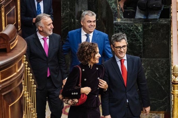 El ministre de Política Territorial, Ángel Víctor Torres; el secretari d'Organització del Partit Socialista, Santos Cerdán; la vicepresidenta quarta i 'número dos' del PSOE, María Jesús Montero, i el ministre de Presidncia, Félix Bolaños