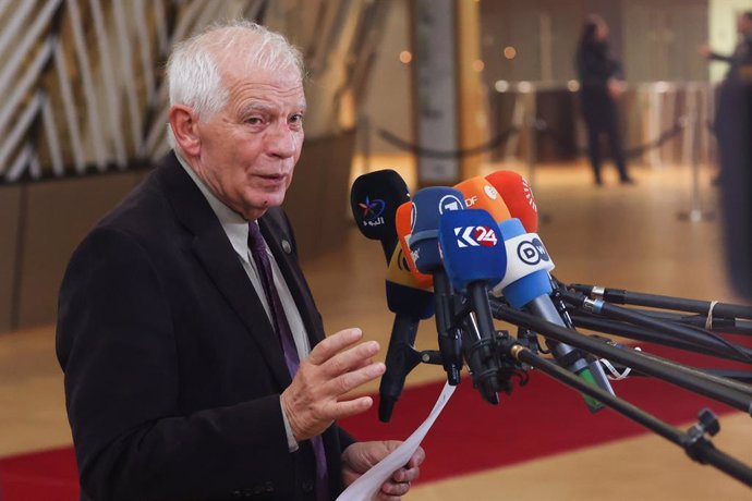 13 November 2023, Belgium, Brussels: Josep Borrell, High Representative of the European Union for Foreign Affairs and Security Policy, speaks to the media upon his arrival to attend an EU Foreign Affairs Council meeting. Photo: -/European Council/dpa - AT