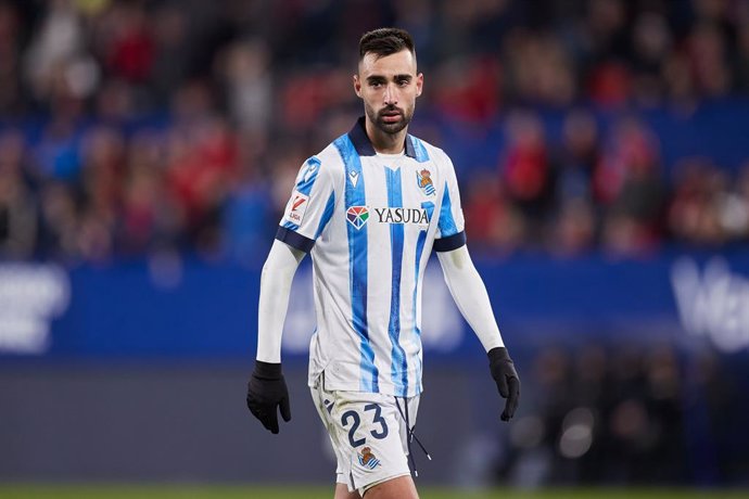 Brais Mendez of Real Sociedad looks on during the LaLiga EA Sports match between CA Osasuna and Real Sociedad at El Sadar on December 2, 2023, in Pamplona, Spain.